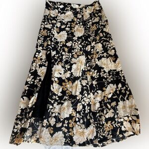 Anthropologie Black and Gold Floral Midi Skirt